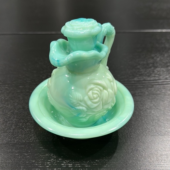 Avon Vintage Teal Oil Pitcher with Stopper and Bowl Set - Picture 3 of 10